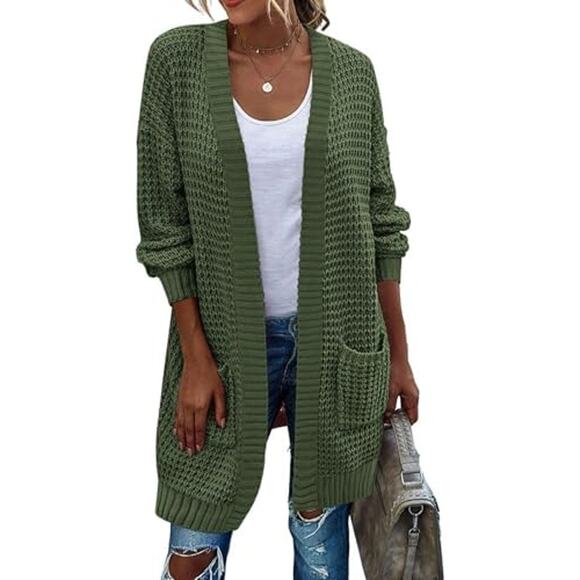 Women's Olive Green Over Sized Chunky Waffle Knit Long Sleeve Cardigan Size XL - Picture 1 of 10